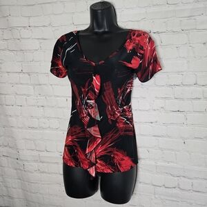 Women's Red and Black Abstract Top 90s Dark Fairy Ruffle Front Sz Lg
